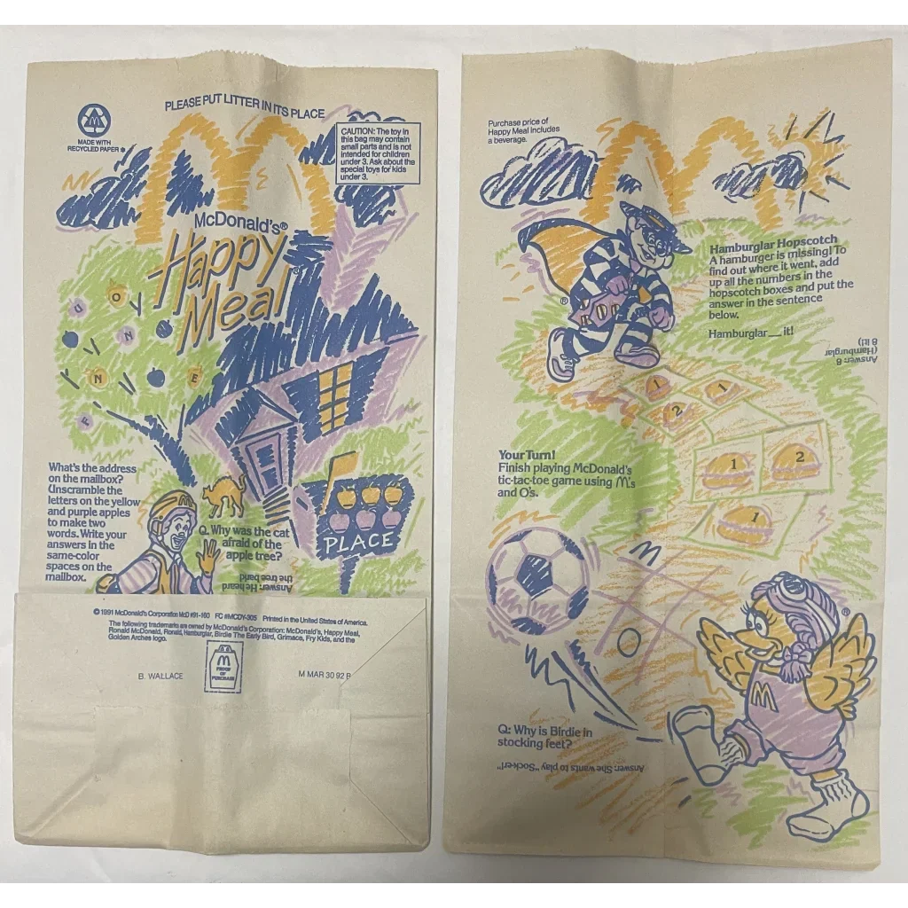 Rare 1991 McDonald's Happy Meal Bag with Classic Characters