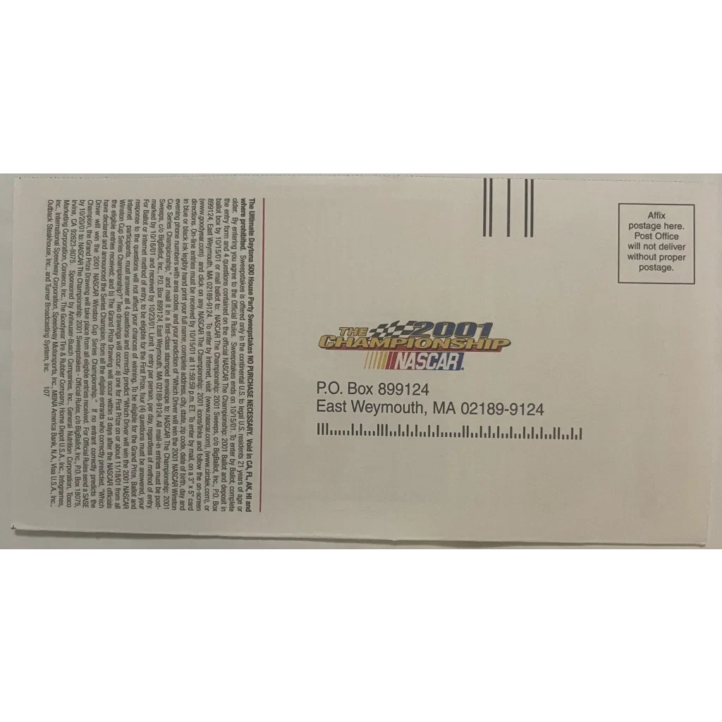 Rare 2001 Winston Cup Ballot NASCAR Collectible