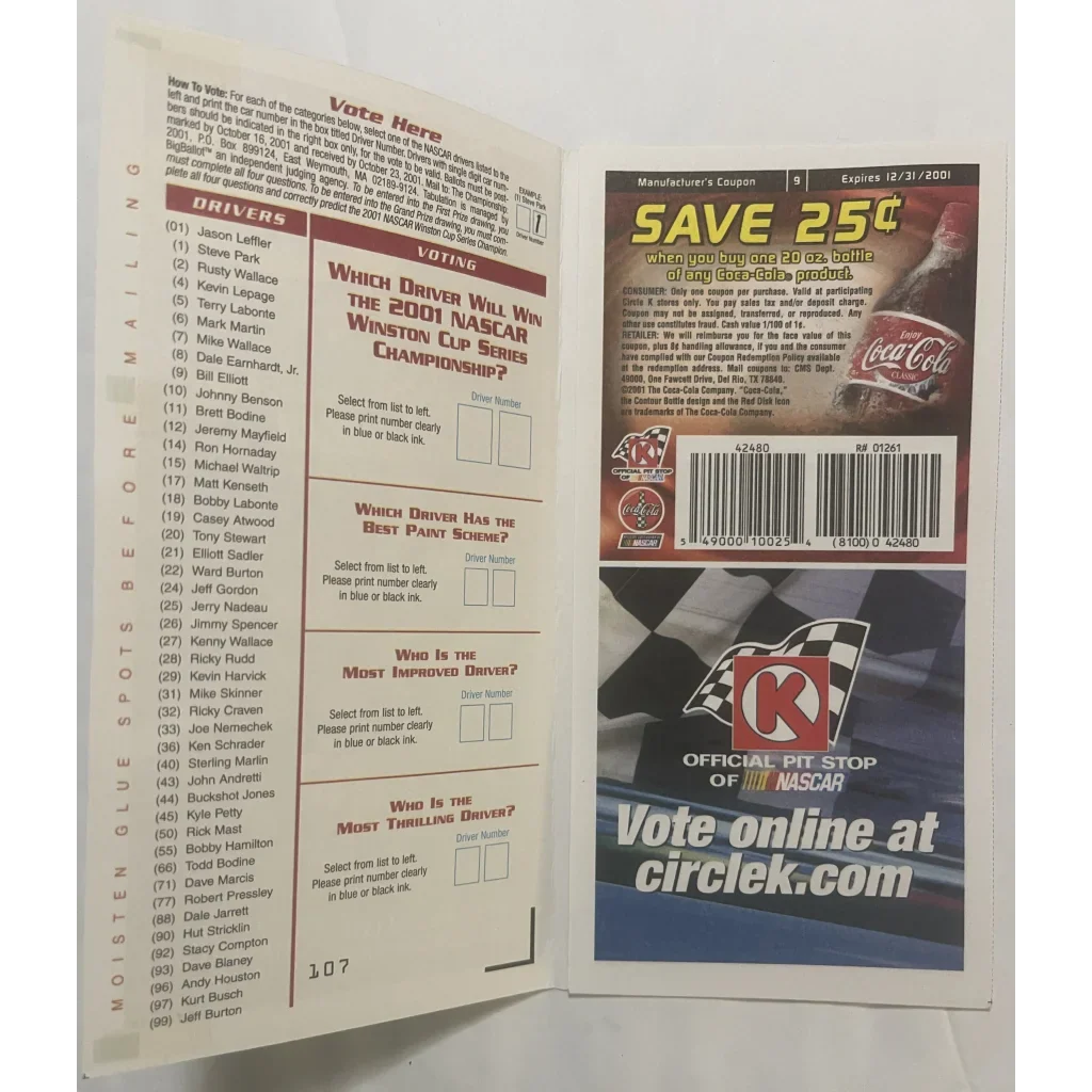 Rare 2001 Winston Cup Ballot NASCAR Collectible