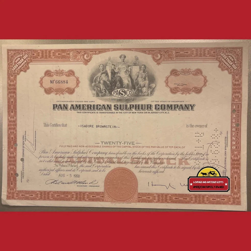 Rare 1960s Pan American Sulphur Stock Certificate From Delaware