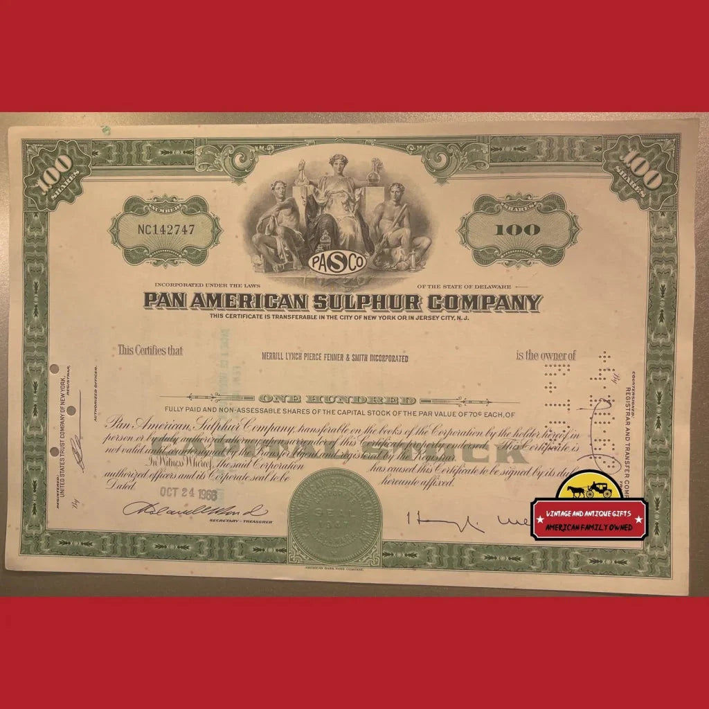 Rare 1960s Pan American Sulphur Stock Certificate from Delaware