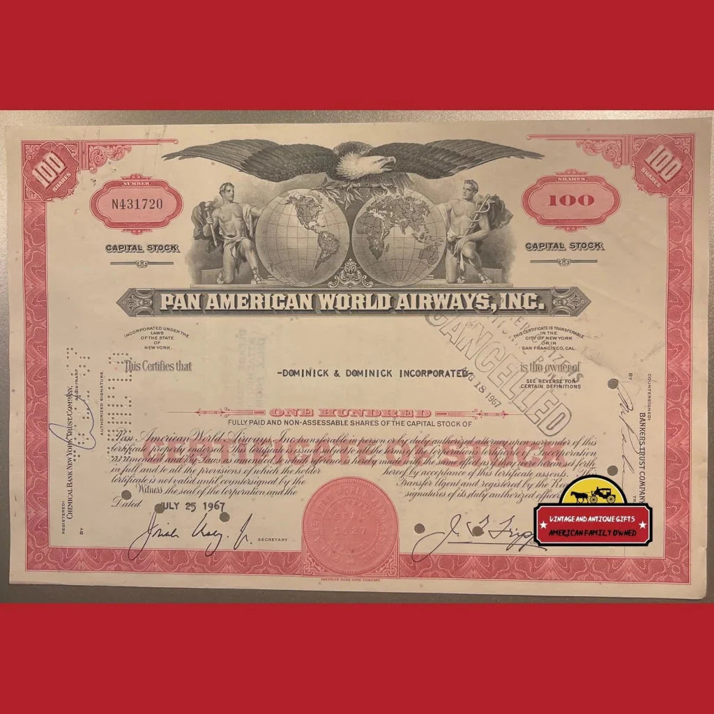 Rare Vintage Red Pan Am Stock Certificate Airline Collectible