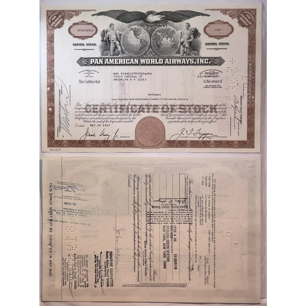 Rare Pan Am Airways Stock Certificate from Golden Age of Flight