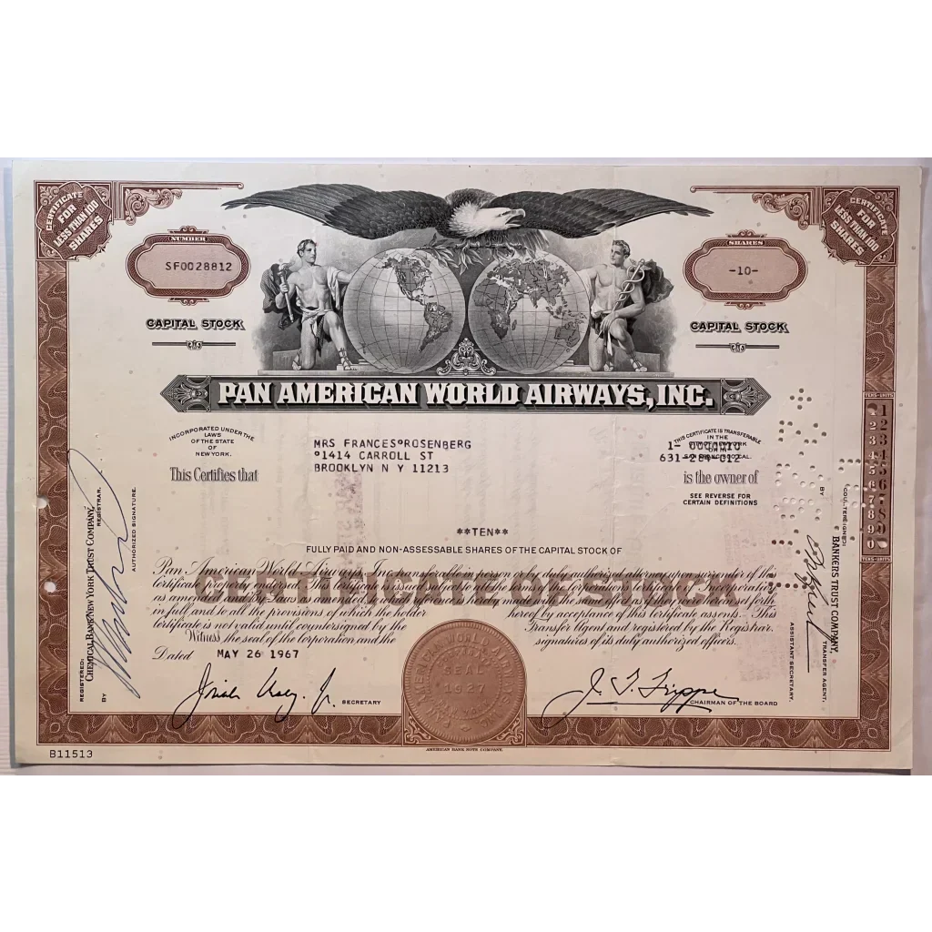 Rare Pan Am Airways Stock Certificate from Golden Age of Flight