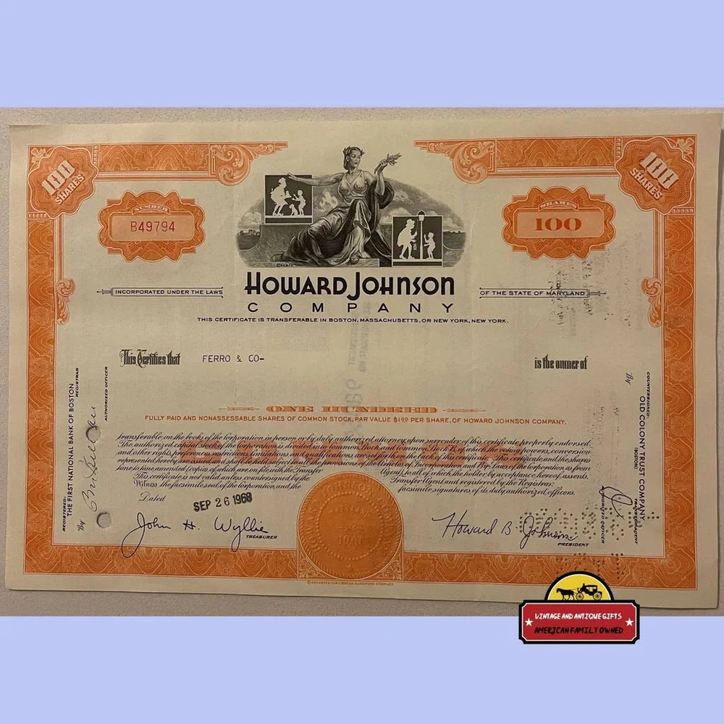 Rare 1960s Howard Johnson HoJo Stock Certificate Collectible
