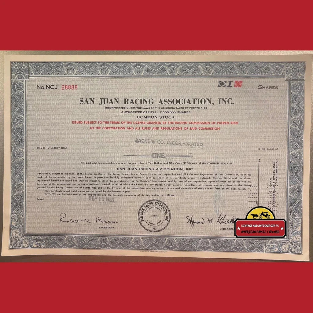 Rare 1960s San Juan Racing Stock Certificate Wall Art