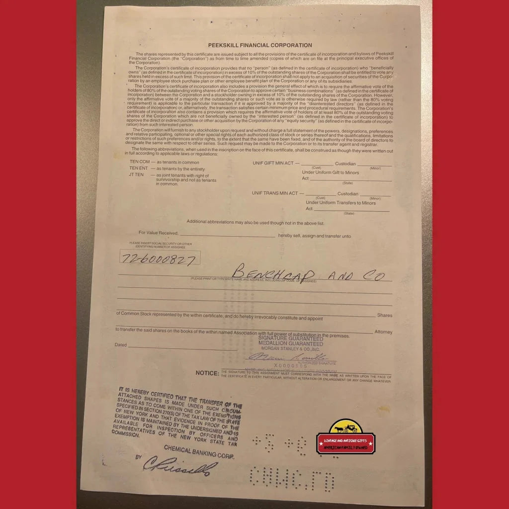 Rare Peekskill Financial Stock Certificate From 1990s
