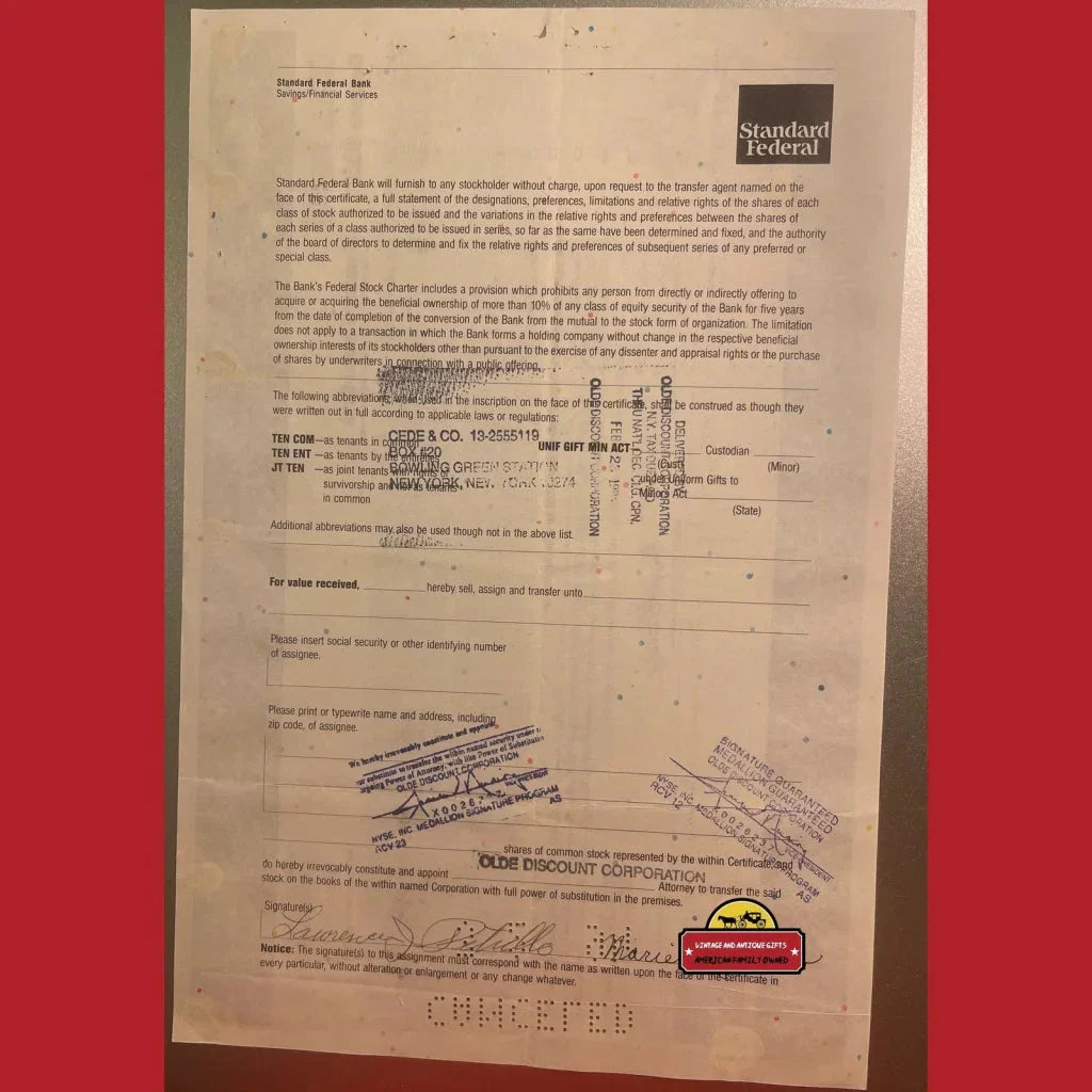 Rare Vintage Standard Federal Bank Stock Certificate from Detroit