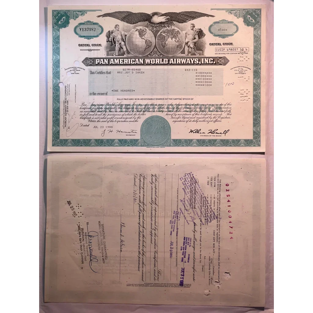 Vintage Teal Pan Am World Airways Stock Certificate Soars Again