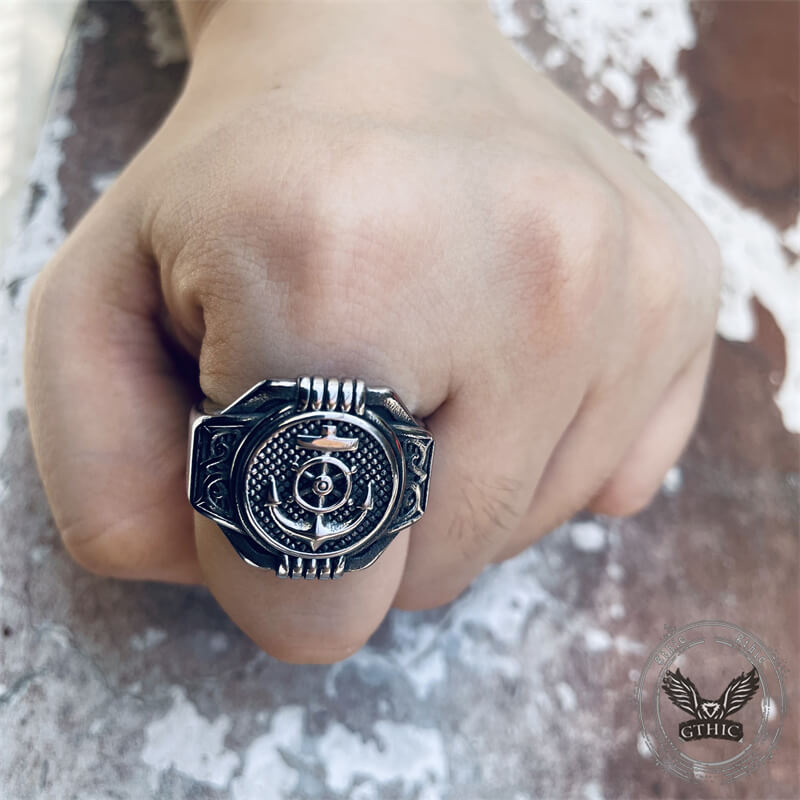 Vintage Compass Anchor Stainless Steel Marine Ring