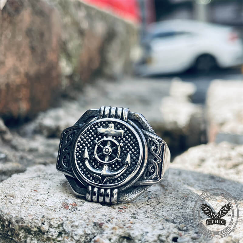 Vintage Compass Anchor Stainless Steel Marine Ring