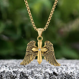 Vintage Cross Angel Wings Stainless Steel Pendant