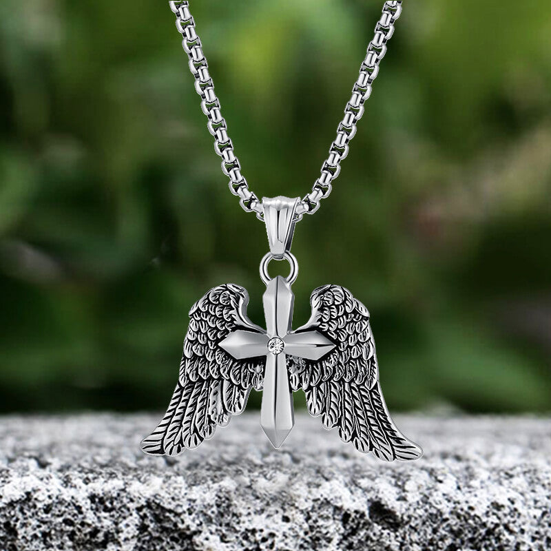 Vintage Cross Angel Wings Stainless Steel Pendant