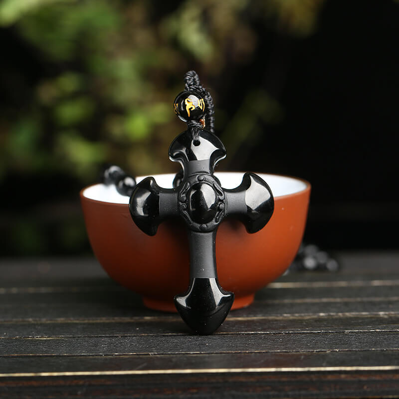 Vintage Cross Obsidian Frosted Pendant
