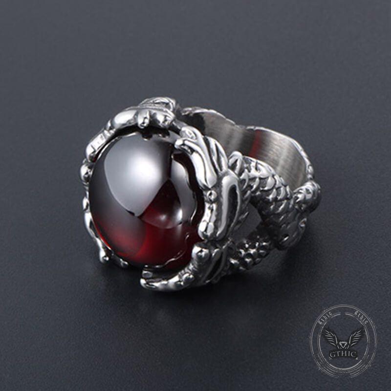 Vintage Double Dragon Playing with Gemstone Stainless Steel Ring
