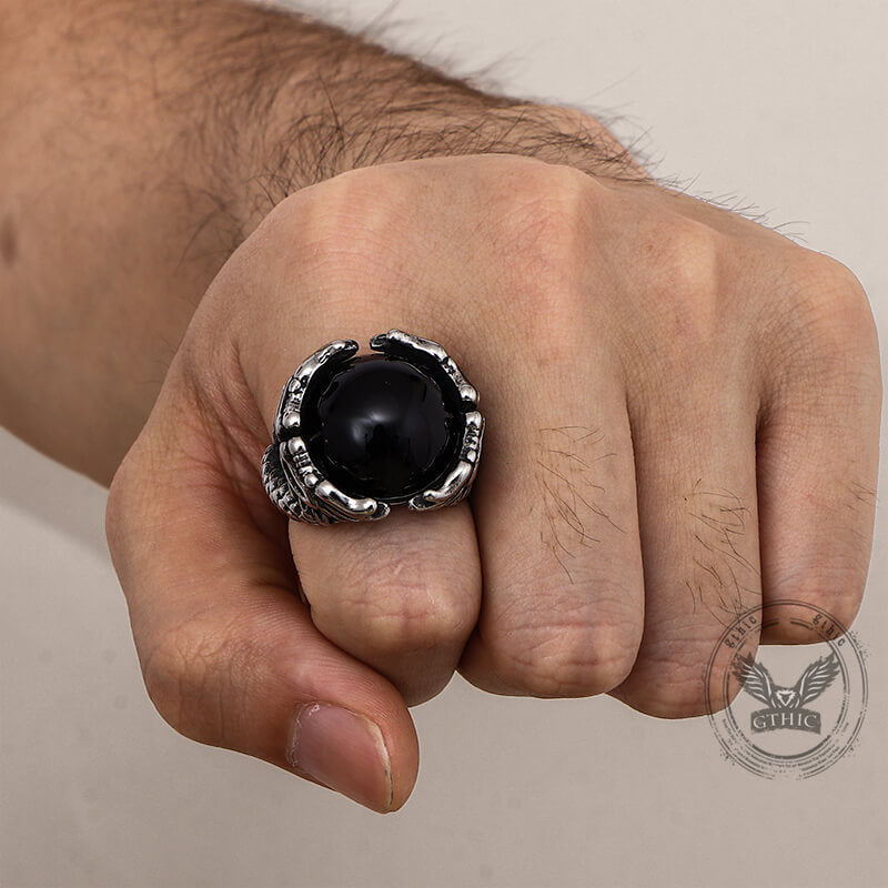 Vintage Double Dragon Playing with Gemstone Stainless Steel Ring