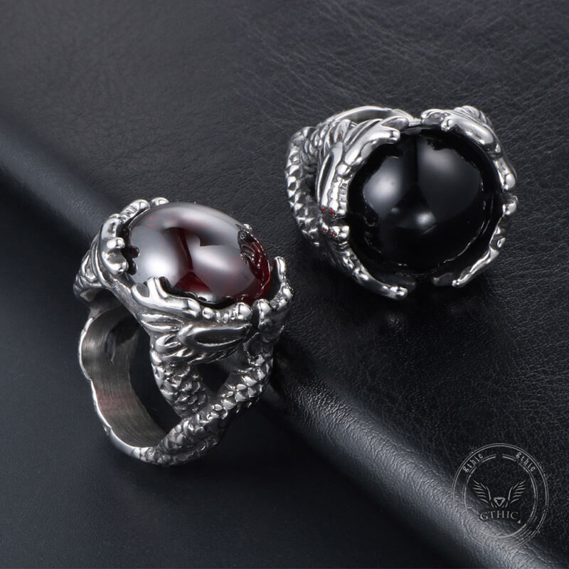 Vintage Double Dragon Playing with Gemstone Stainless Steel Ring