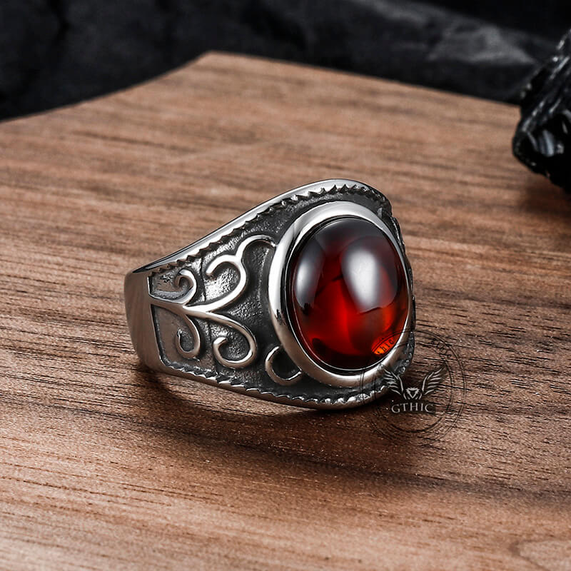 Vintage Engraved Flowers Ruby Stainless Steel Ring