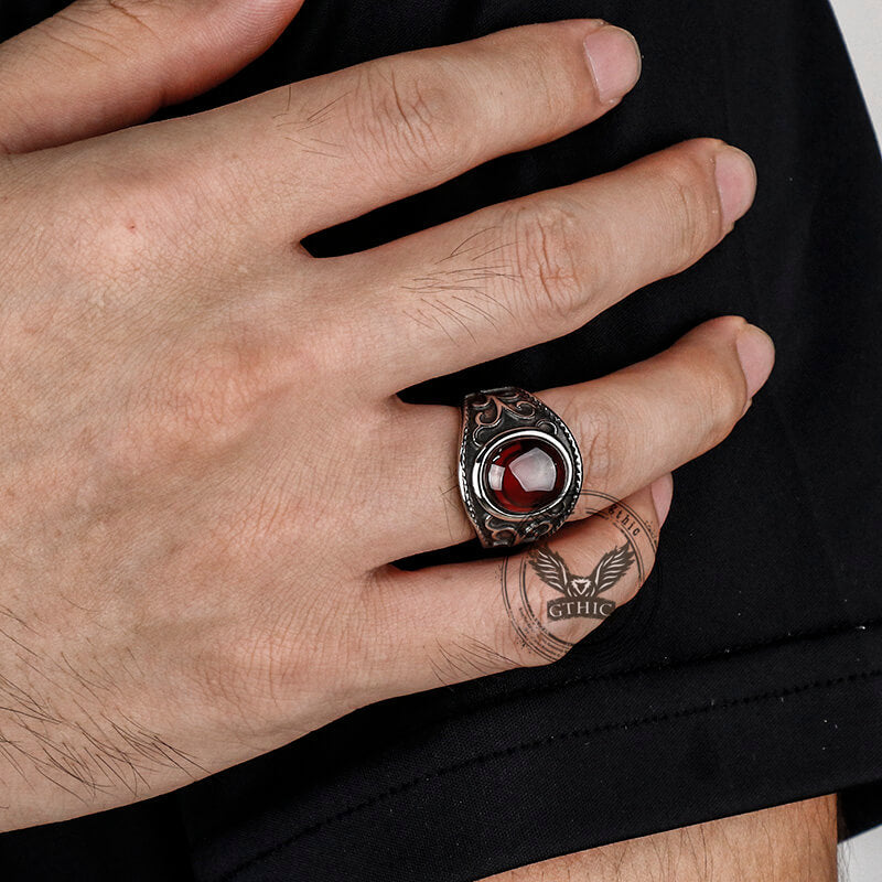 Vintage Engraved Flowers Ruby Stainless Steel Ring