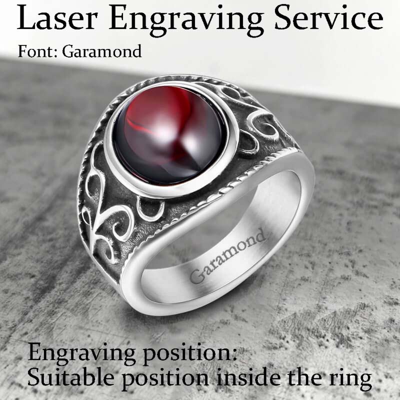 Vintage Engraved Flowers Ruby Stainless Steel Ring