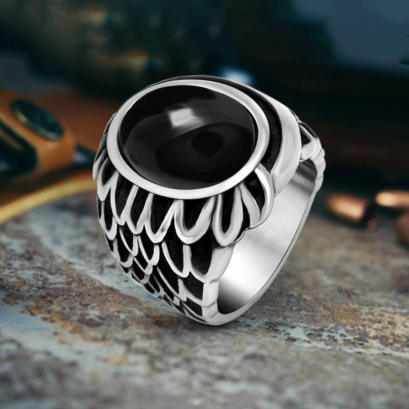 Vintage Feather Wing Agate Stainless Steel Ring