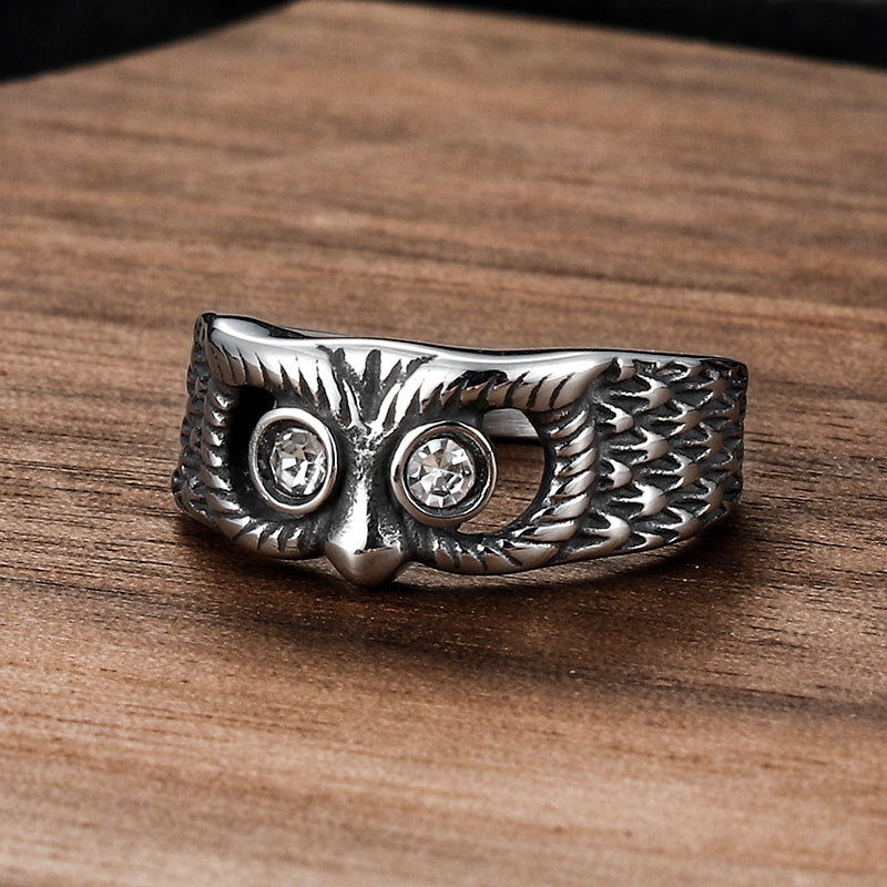 Vintage Gem-set Owl Stainless Steel Ring