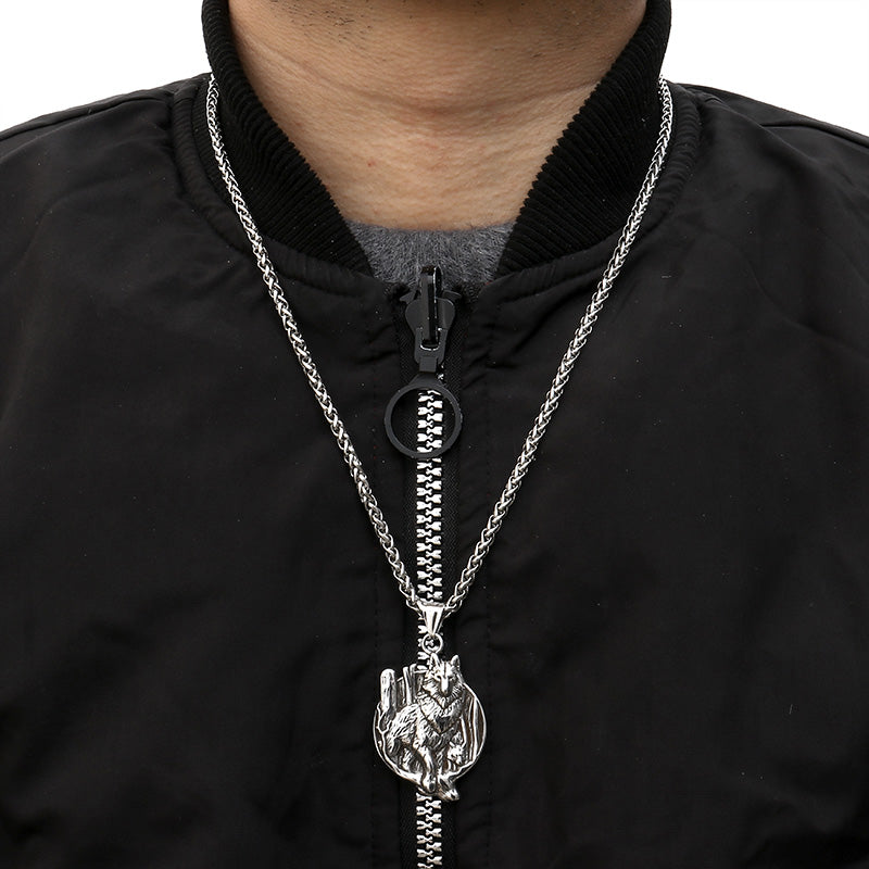Vintage Nordic Viking Wolf Head Stainless Steel Pendant Necklace
