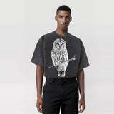 Vintage Owl Print Washed Short Sleeve T-shirt