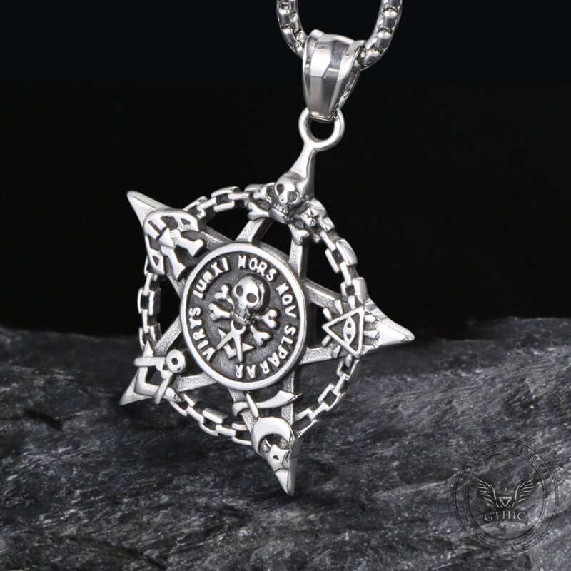 Vintage Pirate Pentagram Embossed Skull Pendant