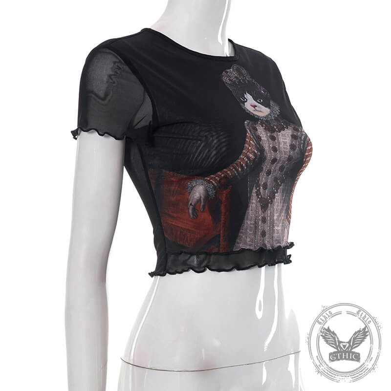 Vintage Princess Cat Print Crop Top