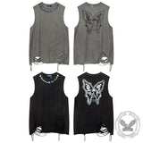 Vintage Washed Butterfly Printed Sleeveless Vest