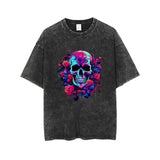 Vintage Washed Flower Skull Print T-shirt