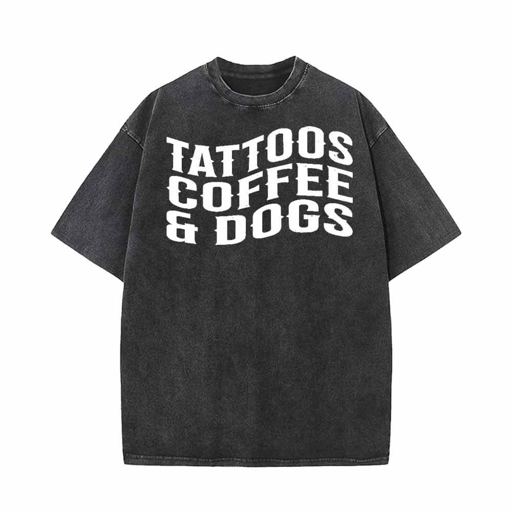 Vintage Washed Tattoos Coffee And Dogs Short Sleeve T-shirt