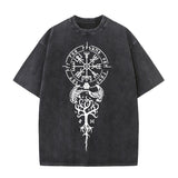 Vintage Washed Viking Symbols Print T-shirt