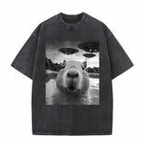 Vintage Weird Capybara Selfie UFO print T-Shirt