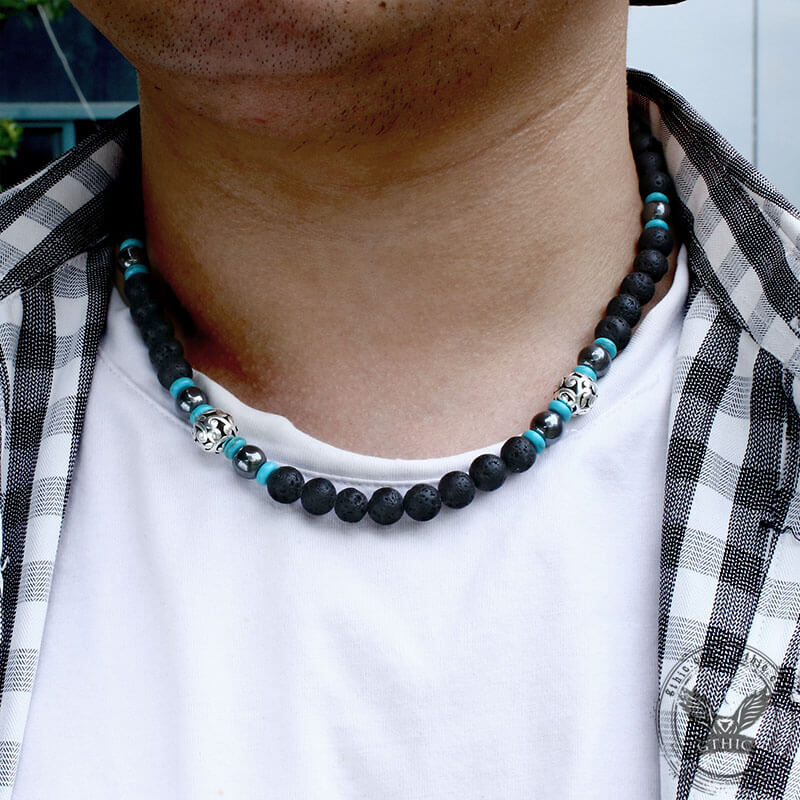 Volcanic Rock Stainless Steel Bead Necklace