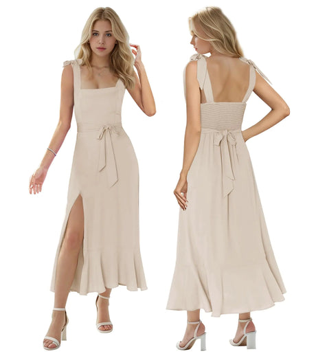 MllesReve Women Summer Graduation Dresses Tea Length Slit Ruffle Ladies Prom Dresses Smocked Dresses Birthday Party Dress L Champagne - Lootquake