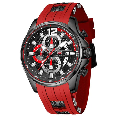 Mini Focus Men Watch Casual Fashion Wrist Watches (Chronograph/Waterproof/Luminous/Calendar) Silicon Band Quartz Watches for Men (Red-Black) - Lootquake