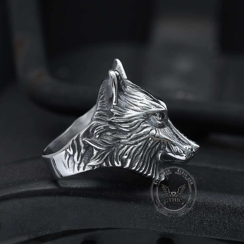 Anillo vikingo de acero inoxidable 316L con diseño de lobo salvaje