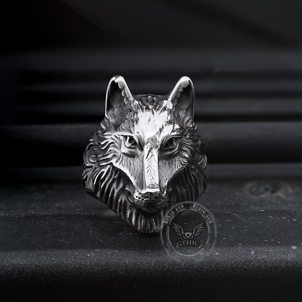 Anillo vikingo de acero inoxidable 316L con diseño de lobo salvaje