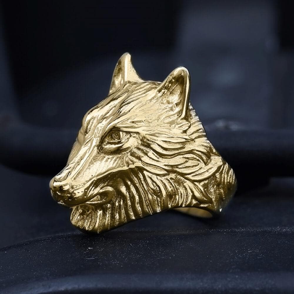 Anillo vikingo de acero inoxidable 316L con diseño de lobo salvaje