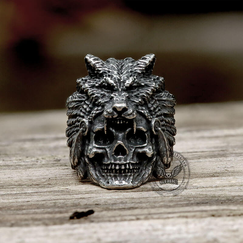 Anillo de calavera de acero inoxidable con cabeza de lobo