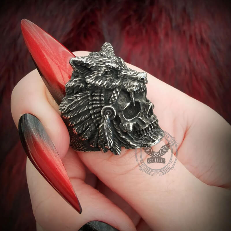 Anillo de calavera de acero inoxidable con cabeza de lobo
