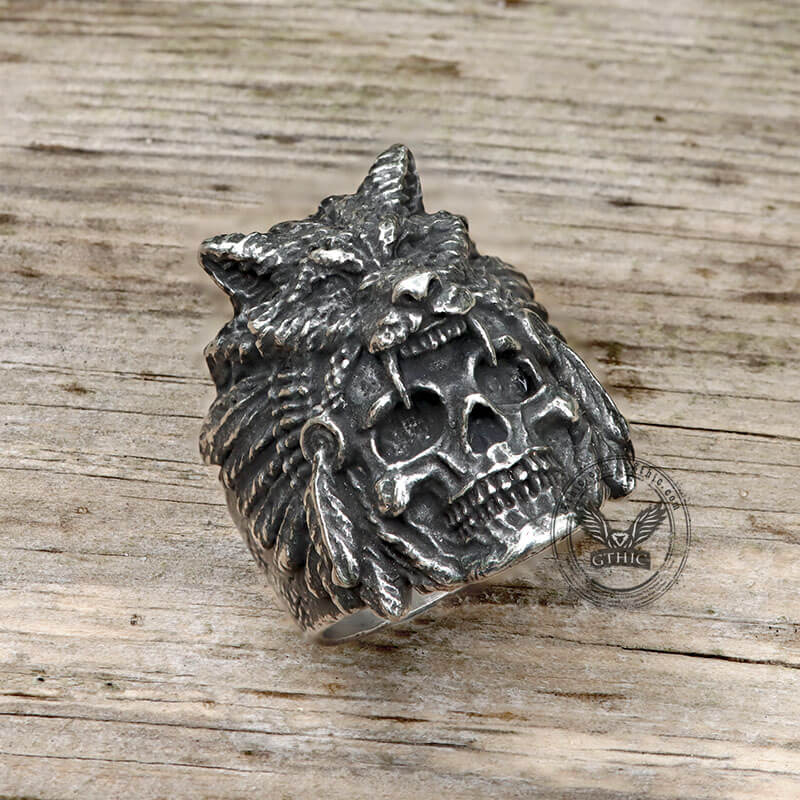 Anillo de calavera de acero inoxidable con cabeza de lobo
