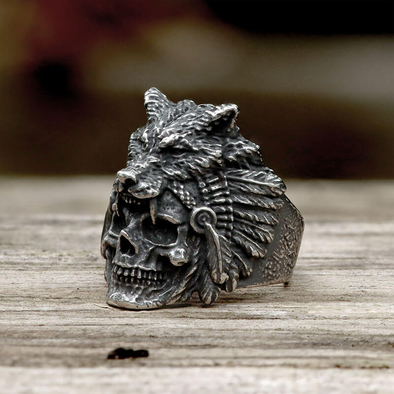 Anillo de calavera de acero inoxidable con cabeza de lobo