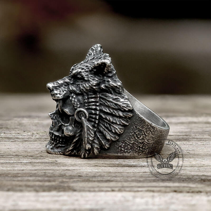 Anillo de calavera de acero inoxidable con cabeza de lobo
