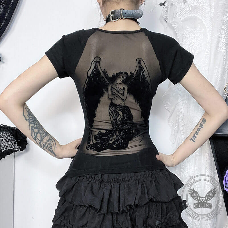 Women's Dark-style Mesh Flocking Printed T-shirt