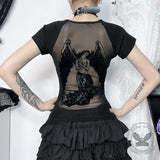 Women's Dark-style Mesh Flocking Printed T-shirt