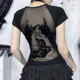 Women's Dark-style Mesh Flocking Printed T-shirt