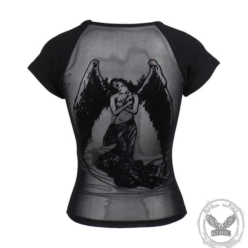 Women's Dark-style Mesh Flocking Printed T-shirt